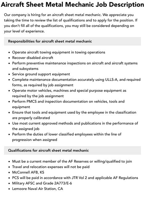 sheet metal mechanic aircraft jobs|aircraft sheet metal job description.